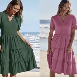 MEROKEETY Women's 2025 Summer Casual Short Puff Sleeve Midi Dress